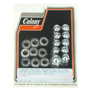 Colony, transmission side cover screw kit. Chrome Acorn