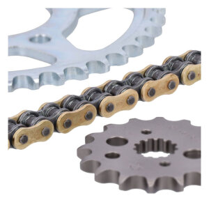 JT/Tsubaki sprocket and chain kit, 520 Alpha gold X-ring