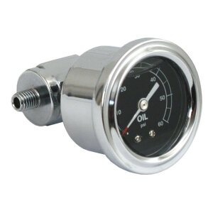 Oil pressure gauge kit rocker box, 0-60 PSI. Chrome