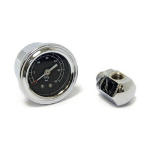 Oil pressure gauge kit rocker box, 0-60 PSI. Chrome