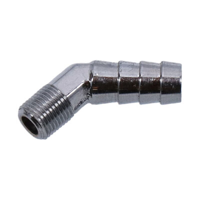 Oil line fitting, 45 degree. 1/8"-27 NPT to 3/8". Chrome