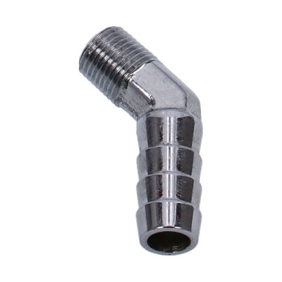 Oil line fitting, 45 degree. 1/8"-27 NPT to 3/8". Chrome