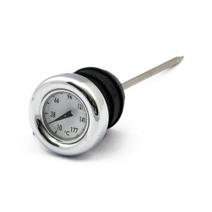 Oil tank dipstick with temperature gauge. Chrome white face