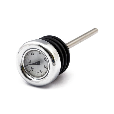 Oil tank dipstick with temperature gauge. Chrome white face