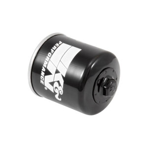 K&N, spin-on oil filter with top nut. Black