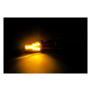 Black peak, LED turn signals. Black. Clear lens