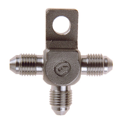 Goodridge t-fitting, with mount tab. Stainless steel
