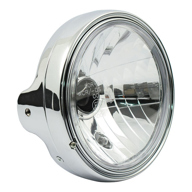LTD style 7" H4 headlamp. side mount. Clear lens. Chrome