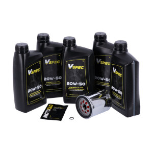 MCS, engine oil service kit. Chrome. 5L. 20W50 Synthetic, 18-25 Softail; 17-25 FLT/Touring; 17-25 Trikes