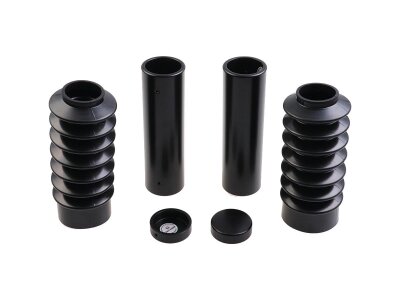 6-Piece Fork Covers with lower Fork Rubbers Long Version, with Cult-Werk Logo, relocated OEM Front Turn Signal Position Gloss Black Powder Coated