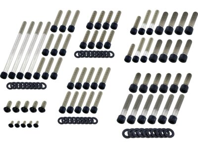 Complete Engine Screw Kit Screws for Touring Primary-, Cam-, Inspection-, Derby-, Timer-, Tranny Side Cover, Rockerboxes, Lifterbase Gloss Black Powder Coated