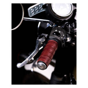 Trip Machine, leather handlebar grip wraps. Cherry red