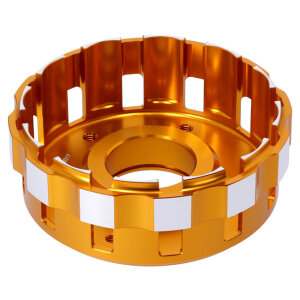 Trask, M8 billet clutch basket. Hard anodized natural
