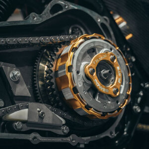 Trask, M8 billet clutch basket. Hard anodized natural