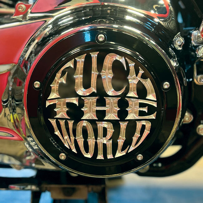 Indian Larry, FTW derby cover. Gloss black/clear