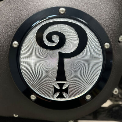 Indian Larry, Question Mark derby cover. Gloss black/clear