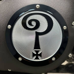 Indian Larry, Question Mark derby cover. Gloss black/clear