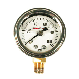 Feuling, liquid filled 100PSI oil pressure gauge. White