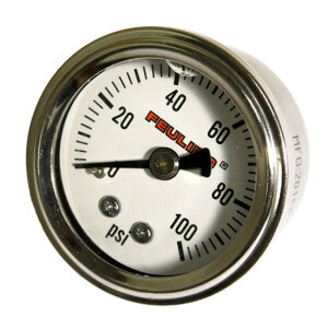 Feuling, liquid filled 100PSI oil pressure gauge. White