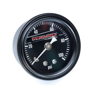 Feuling, liquid filled 100PSI oil pressure gauge. Black