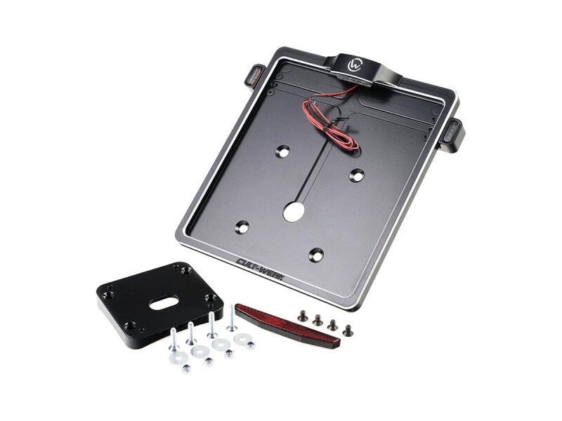 Mid-Mount License Plate Bracket and Base Plate Kit V2, Germany: 180 x 200 mm, with 3-in-1 Turn Signals Black Cut