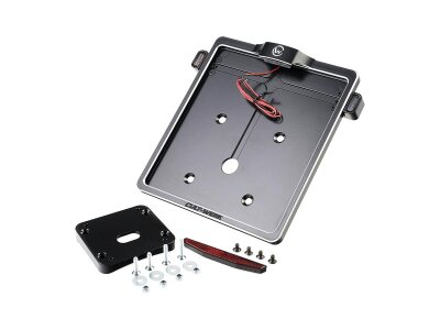 Mid-Mount License Plate Bracket and Base Plate Kit V2, Germany: 180 x 200 mm, with 3-in-1 Turn Signals Black Cut