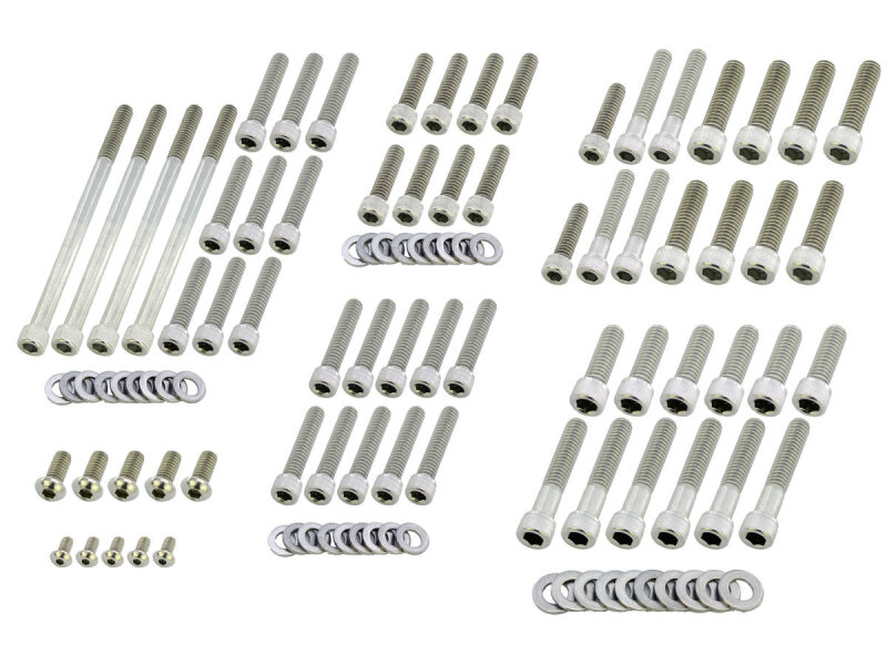 Complete Engine Screw Kit Screws for Dyna, Softail Primary-, Cam-, Inspection-, Derby-, Timer-, Tranny Side Cover, Rockerboxes, Lifterbase Stainless Steel