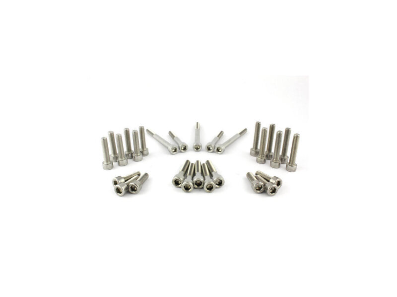 Complete Engine Screw Kit Screws are supplied for Primary Cover, Engine Cover left Side, Stator Batch, Ignition Cover, Thermostat Cover, Sprocket Cover Stainless Steel