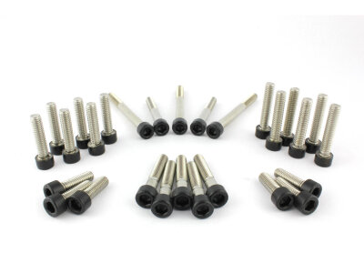 Complete Engine Screw Kit Screws are supplied for Primary Cover, Plate Primary, Sprocket Cover, Cam Cover Satin Black Powder Coated