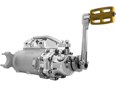6-into-4 70-Early 84 Complete Transmission with Ear, Standard Shift Pattern Raw Case, Function Formed Hydraulic Kicker Cover, , Bearing Doors and Top Covers Aluminium Polished Hydraulic Clutch